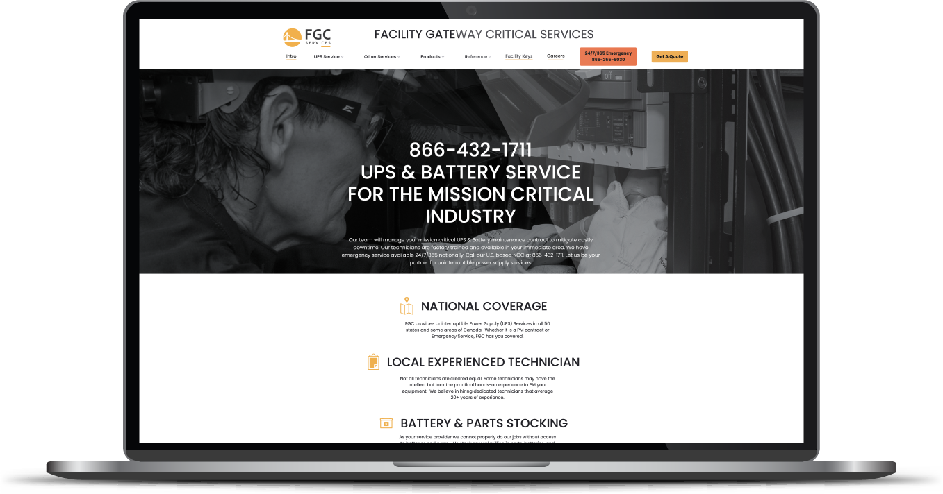 Website displayed on a laptop, featuring a black-and-white hero banner and contact details.