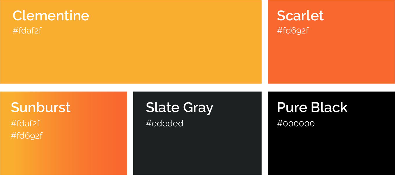 Color palette tiles labeled Clementine, Scarlet, Sunburst, Slate Gray, and Pure Black