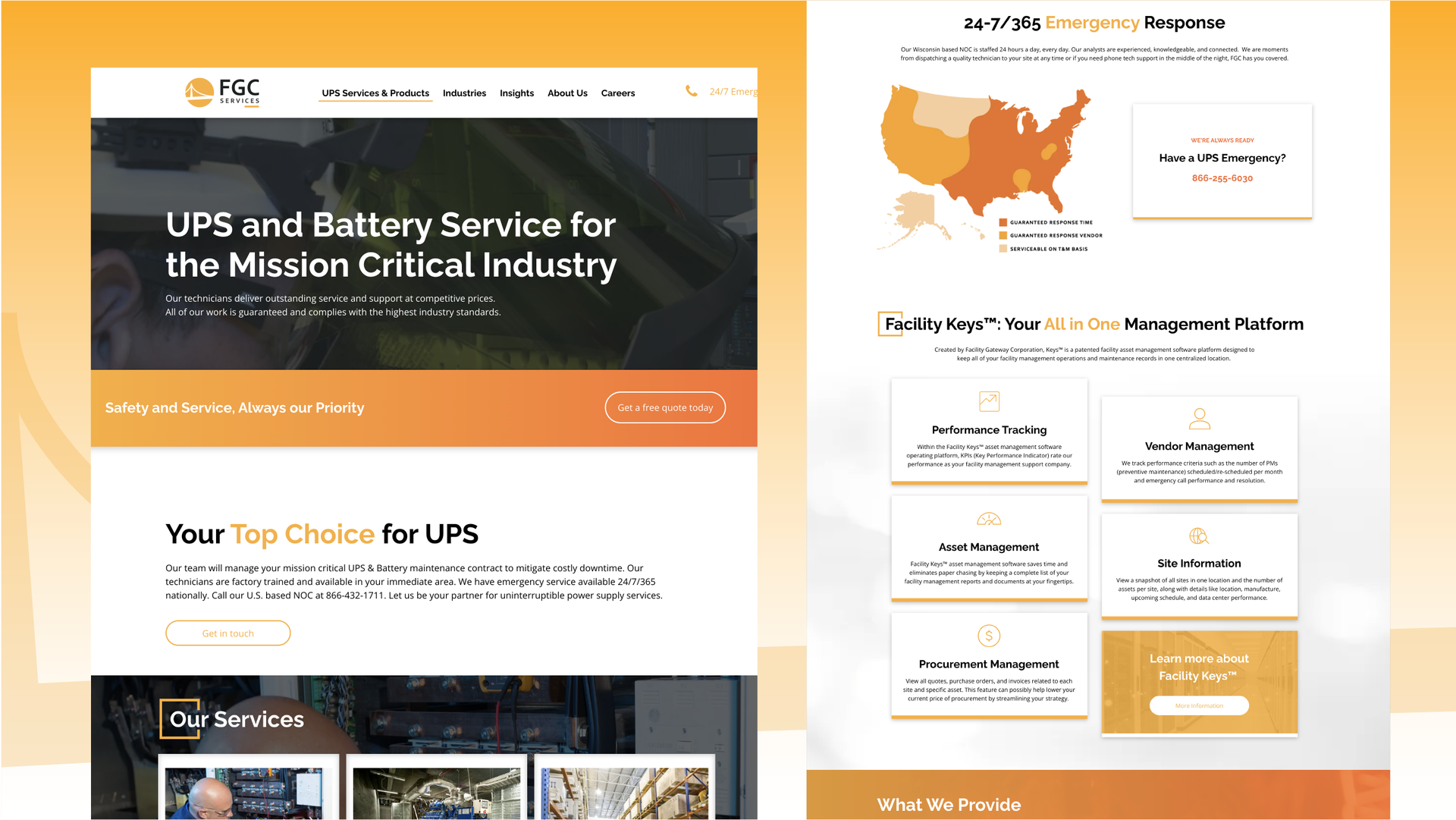 Two web pages for UPS and battery service, featuring orange and white layouts with service icons and map graphics