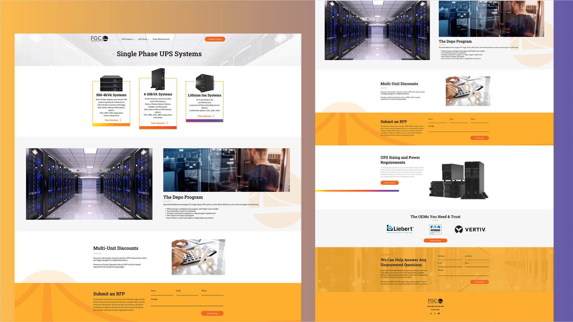 Two webpage screenshots with orange accents, showing server product sections and office data center photos