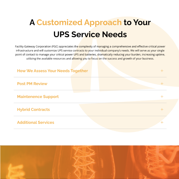 UPS service webpage with orange accents and sections for needs assessment, post-PM review, maintenance support, hybrid contracts, and additional services