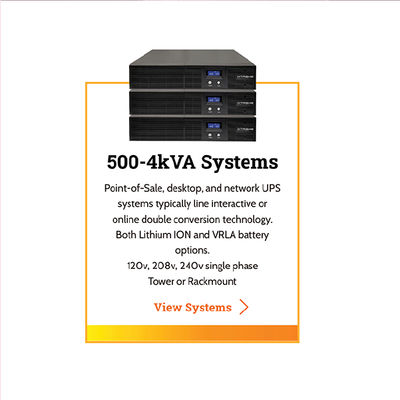 Black server stack ad for 500–4kVA systems with “View Systems” button and orange border