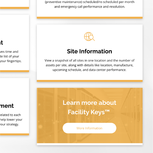 Site Information card above gold “Learn more about Facility Keys” panel with a white button