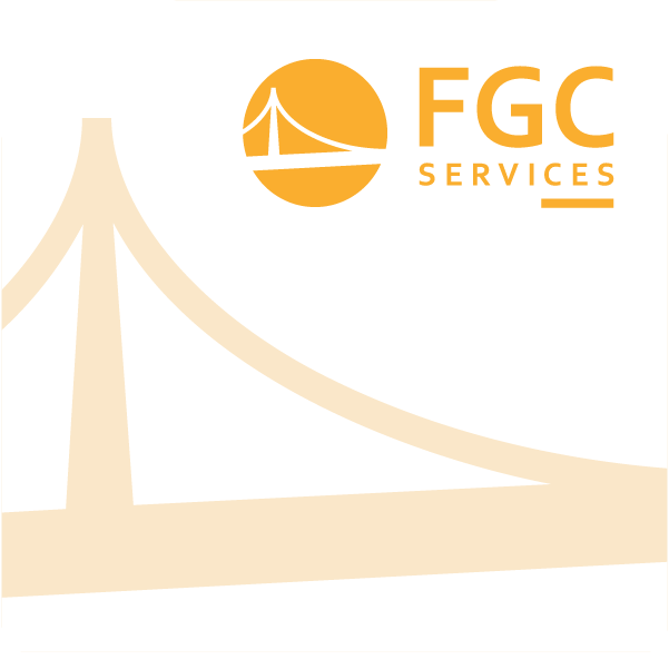 FGC Services logo in orange with a stylized bridge icon on a white background