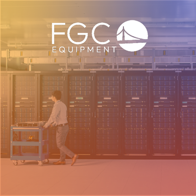 FGC Equipment logo over a warehouse worker in front of server racks, with a warm orange-blue overlay