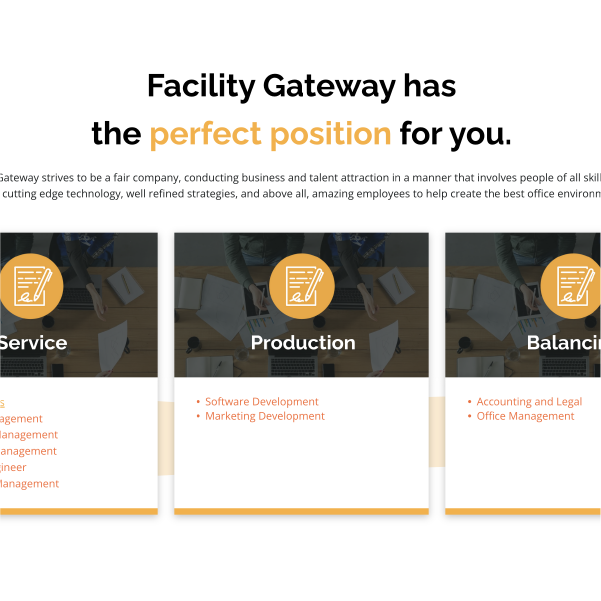 Facility Gateway webpage with three service cards: Service, Production, and Balance, in a gold-and-white layout
