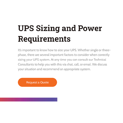 UPS Sizing and Power Requirements webpage hero with orange “Request a Quote” button and purple gradient bar