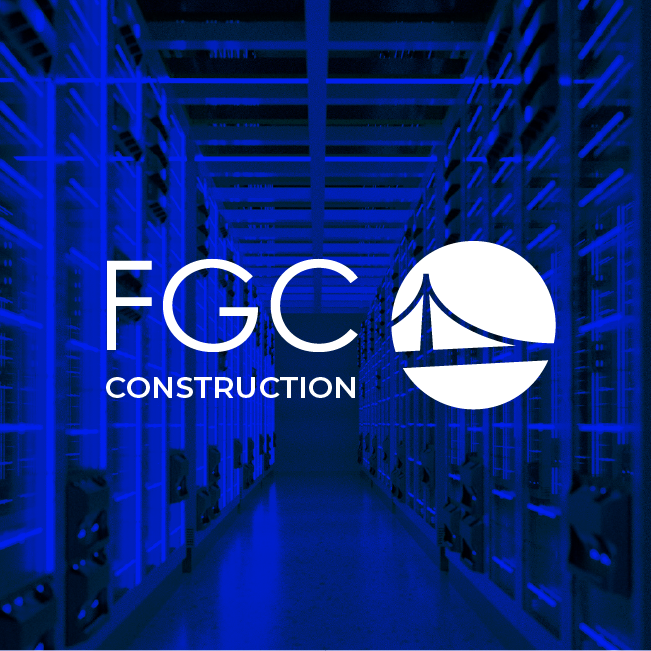 FGC Construction logo in white over a blue industrial corridor background