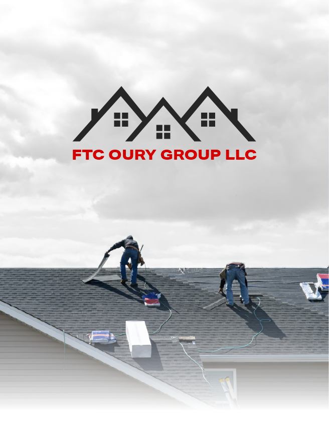 FTC Oury Group LLC roofing logo above workers repairing a shingled roof