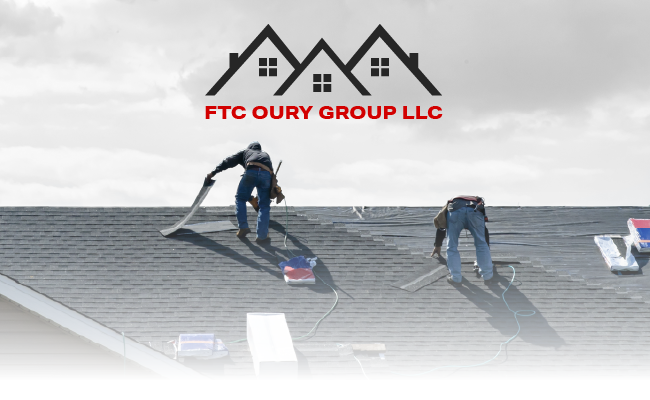 FTC OURY GROUP LLC logo above workers installing shingles on a gray roof