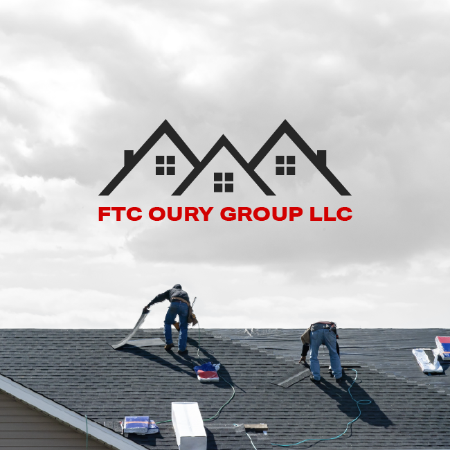 Roofers installing shingles on a house roof beneath the FTC OURY GROUP LLC logo.