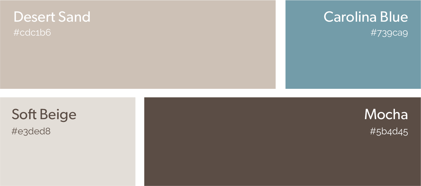 Four paint swatches labeled Desert Sand, Carolina Blue, Soft Beige, and Mocha.
