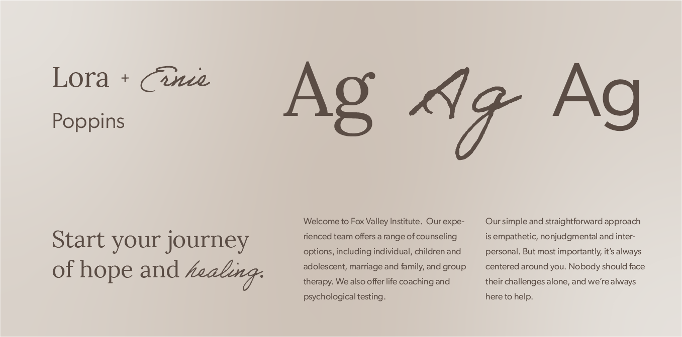Gray promotional page showing “Lora Poppins,” large “Ag” typography samples, and the slogan “Start your journey of hope and healing.”