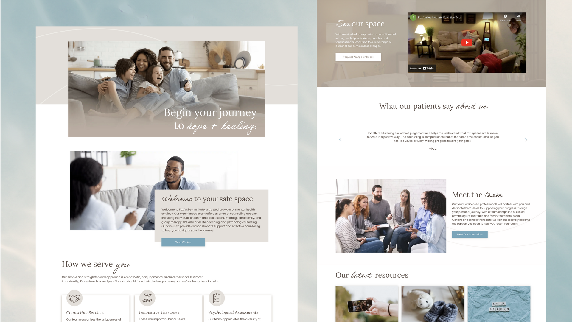 Website homepage mockup with neutral beige layout, lifestyle photos, and sections for services and testimonials