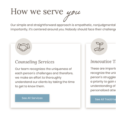 Website section titled “How we serve you” with two service cards: Counseling Services and Innovative Therapy