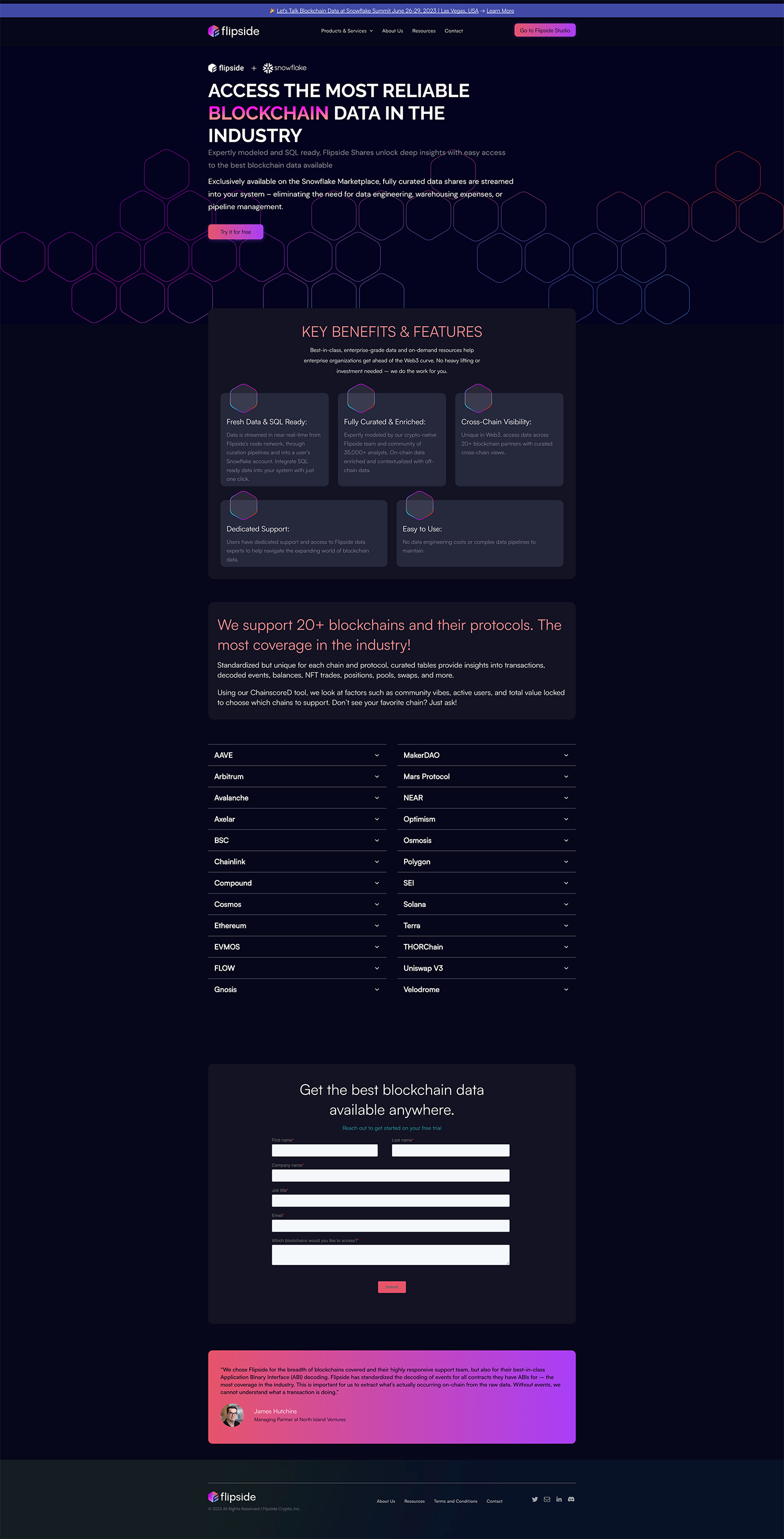 Dark-themed webpage with a headline, feature cards, data table, form fields, and a pink call-to-action button