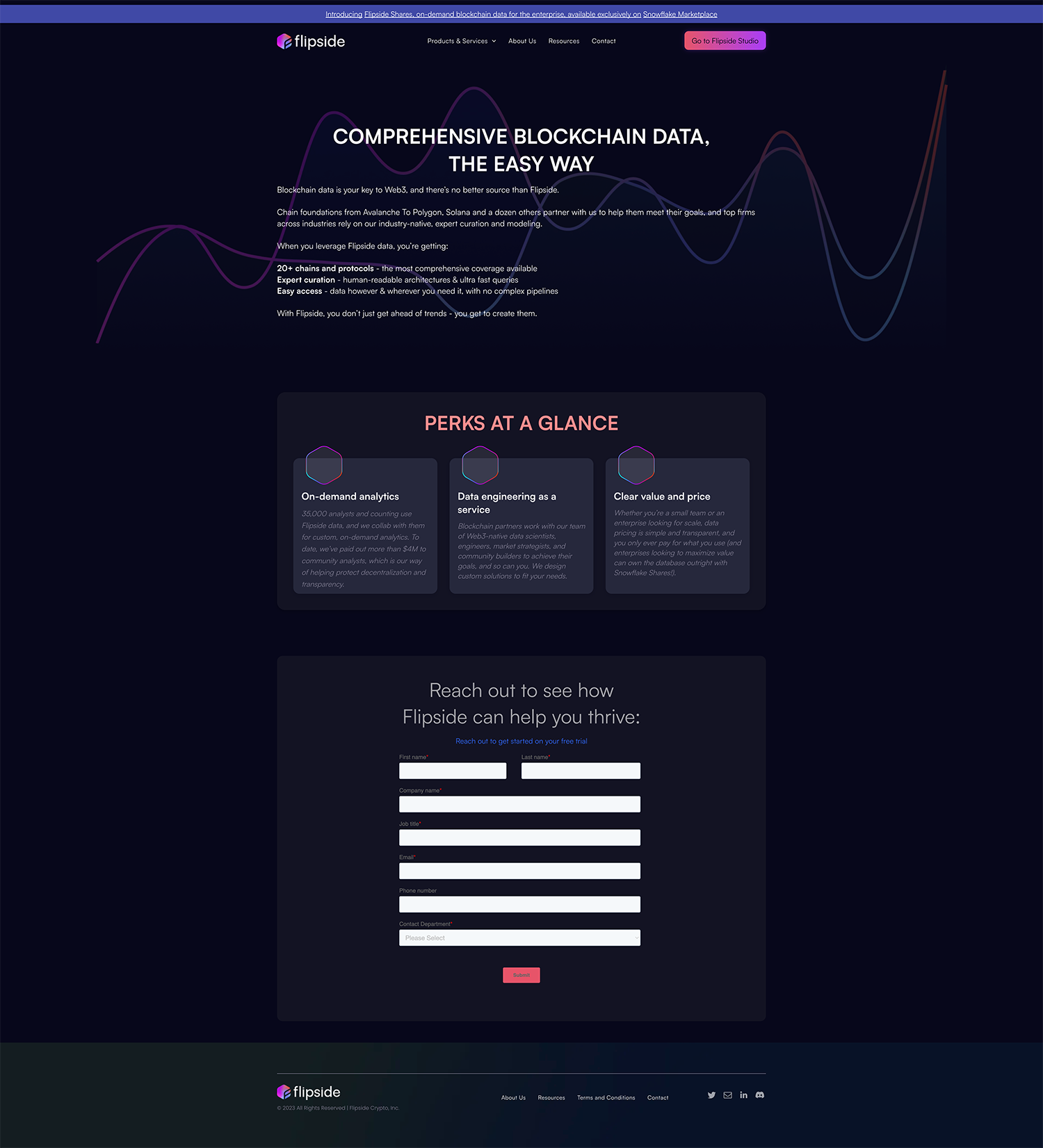 Dark-themed landing page with purple accents, headline, feature cards, and a sign-up form.
