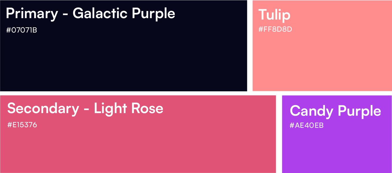 Color palette with four swatches: Galactic Purple, Tulip, Light Rose, and Candy Purple.
