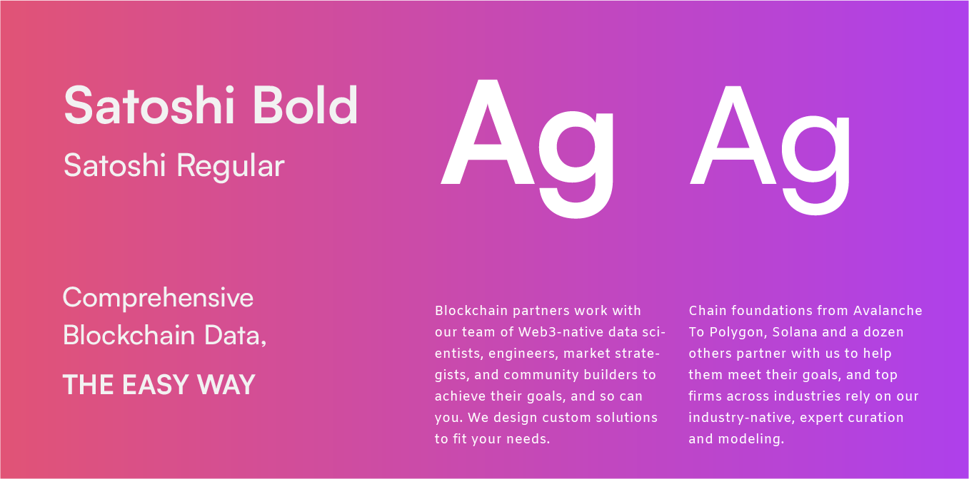 Purple typography slide comparing Satoshi Bold and Satoshi Regular with large “Ag” samples and small text blocks