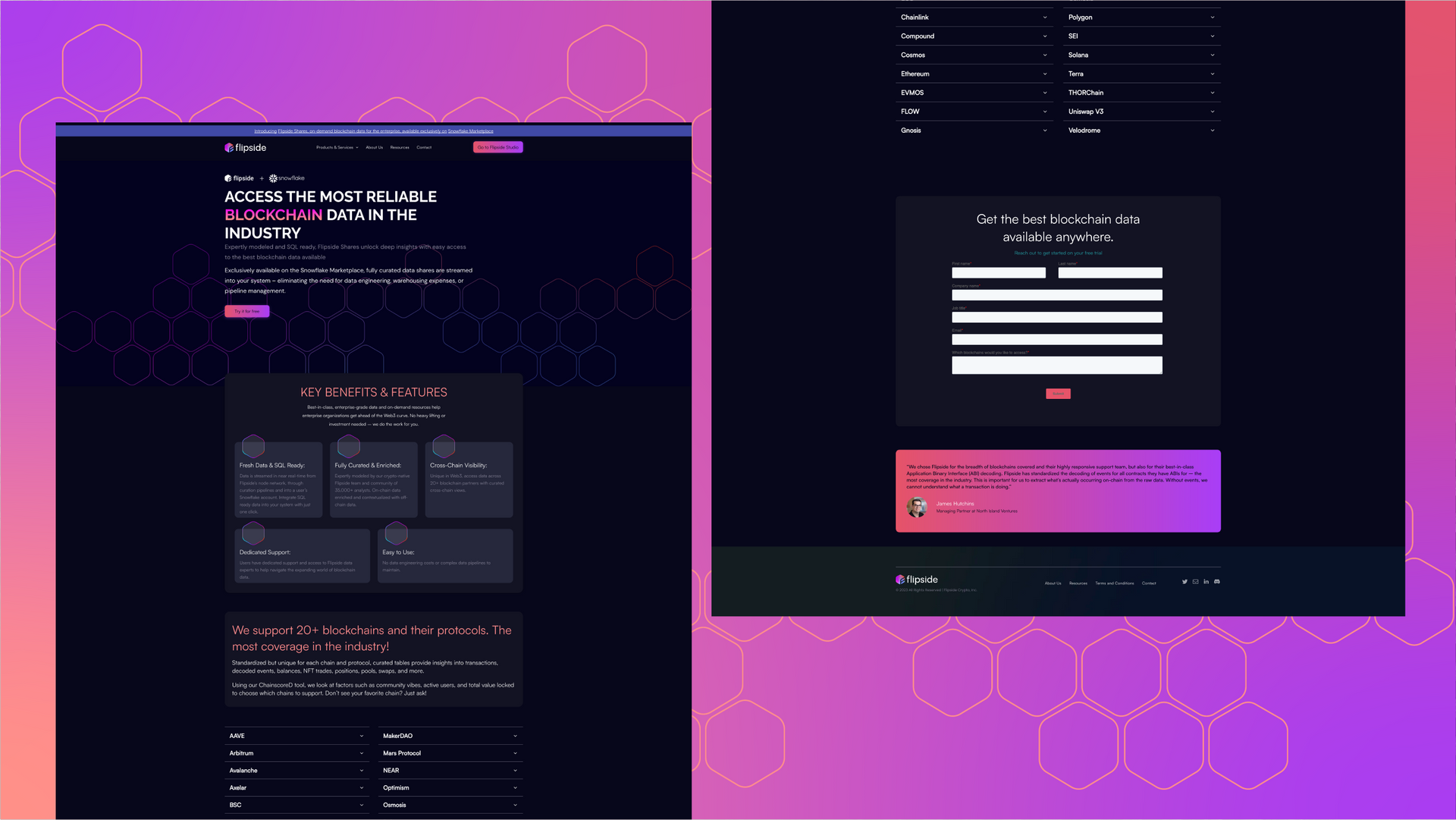 Dark-themed webpage mockups on a pink-purple gradient background, showing login and content panels.
