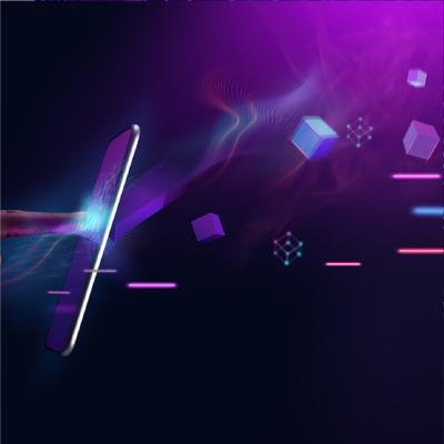 Abstract purple neon smartphone with glowing geometric shapes and light streaks on a dark background