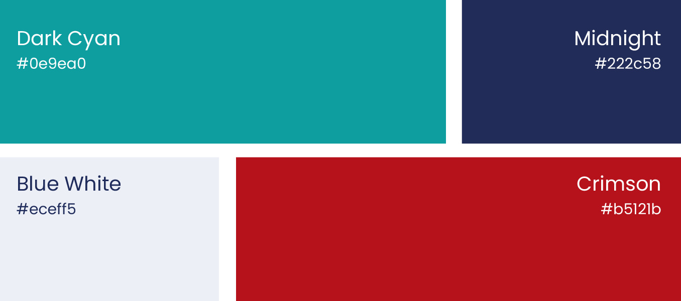 Color palette with dark cyan, midnight blue, blue white, and crimson swatches with hex codes