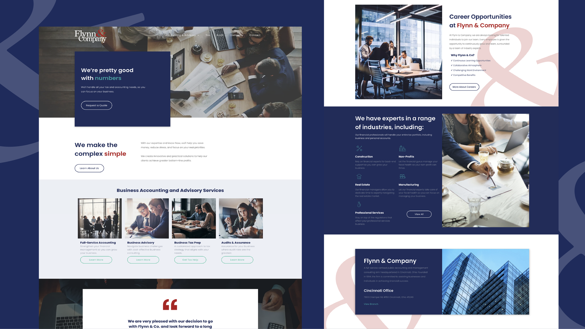 Website mockups with navy and white layouts, cards, photos, and a red quote section on a blue background