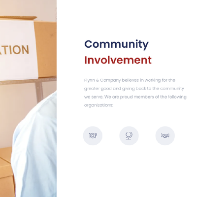 Community Involvement heading with brief text and three partner logos on a white page beside a cardboard background