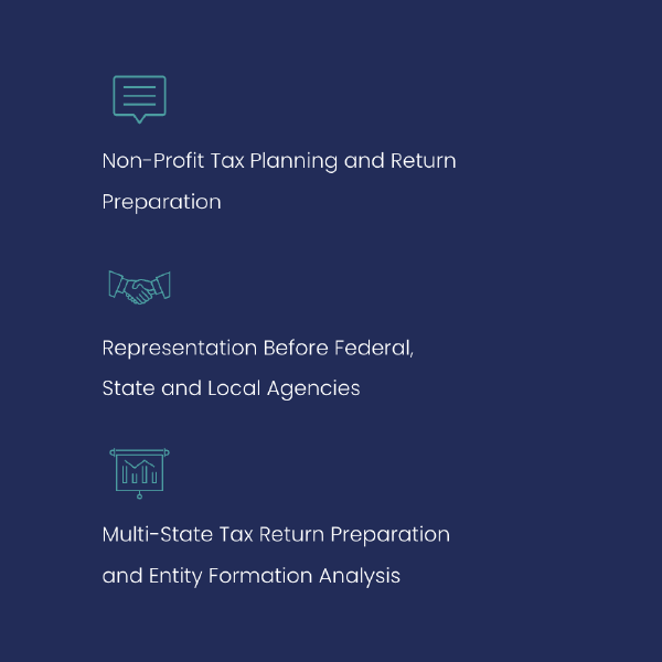 Blue slide listing nonprofit tax services with three icons and white text.