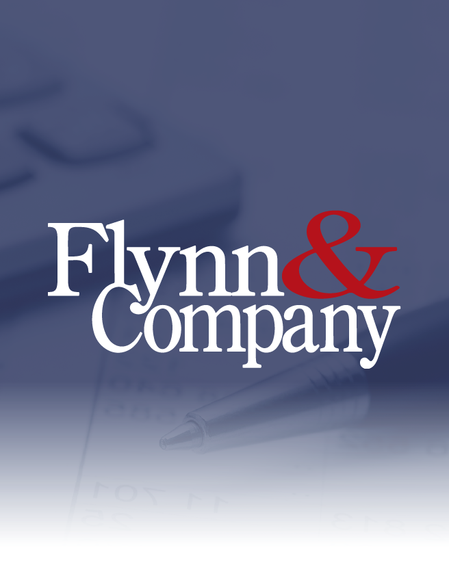 Flynn & Company logo in white and red on a blue gradient background