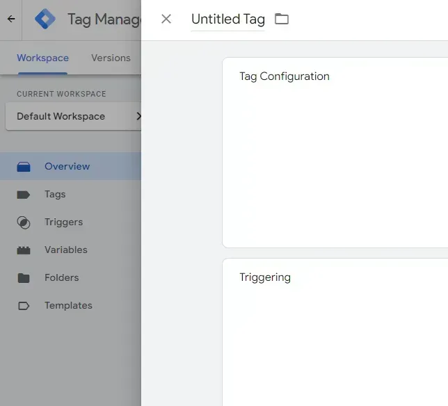 Google Tag Manager “Untitled Tag” screen with Tag Configuration and Triggering panels open