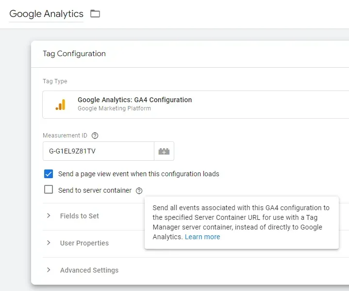 Google Analytics tag configuration screen with fields and settings panel