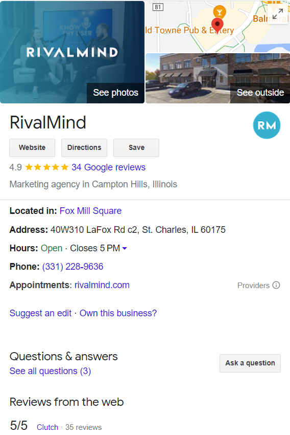 Google business profile for RivalMind showing logo, rating, hours, address, and contact details