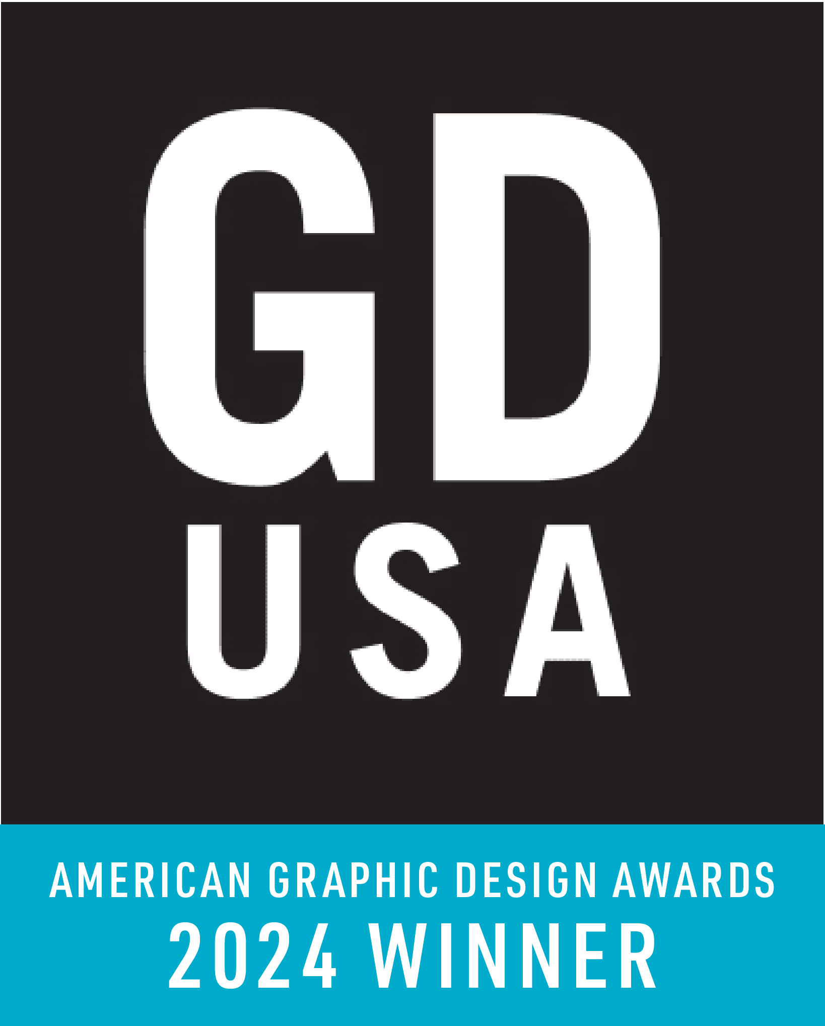 GD USA logo with “American Graphic Design Awards 2024 Winner” on a black and teal background