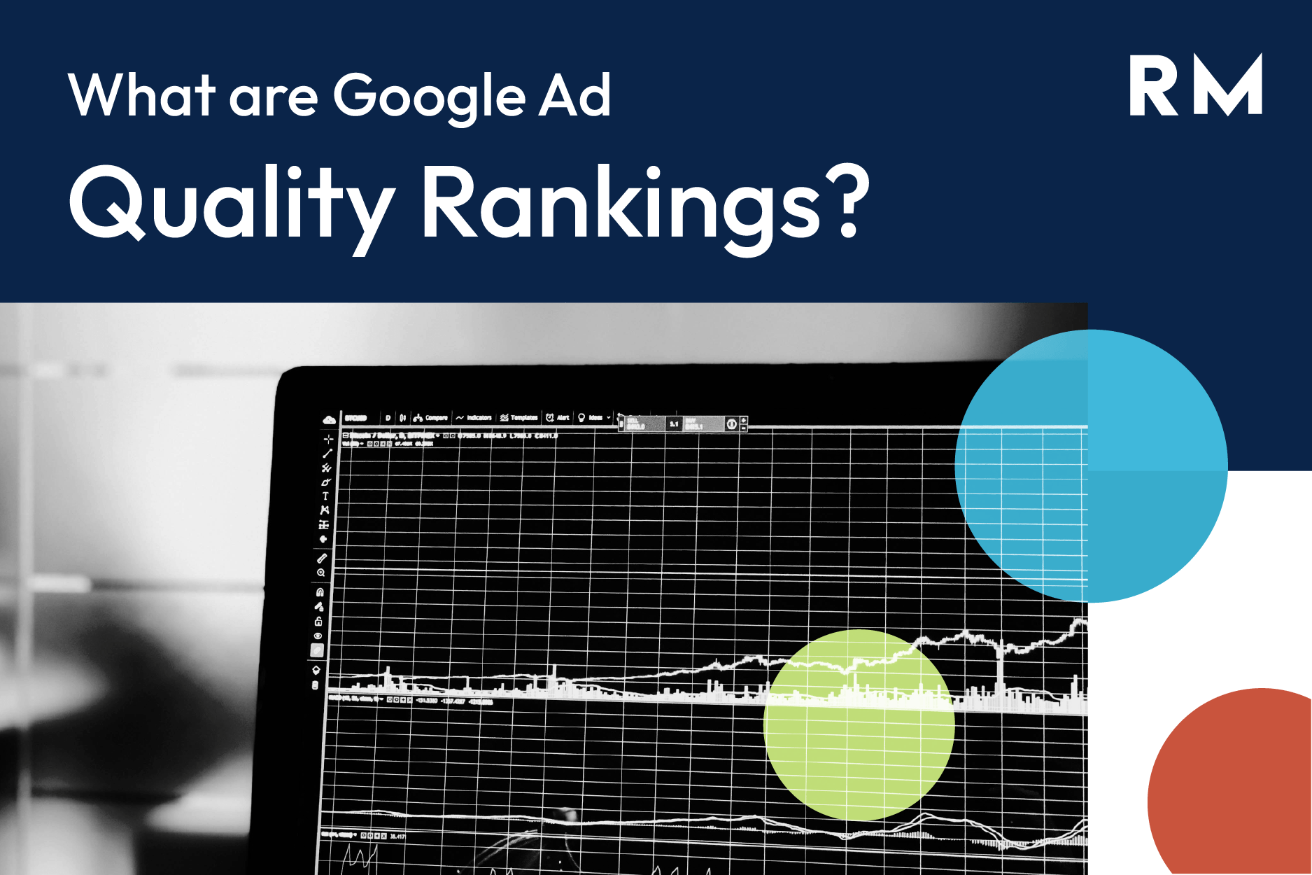 Text graphic asking “What are Google Ad Quality Rankings?” with a dark chart background and colored circles.