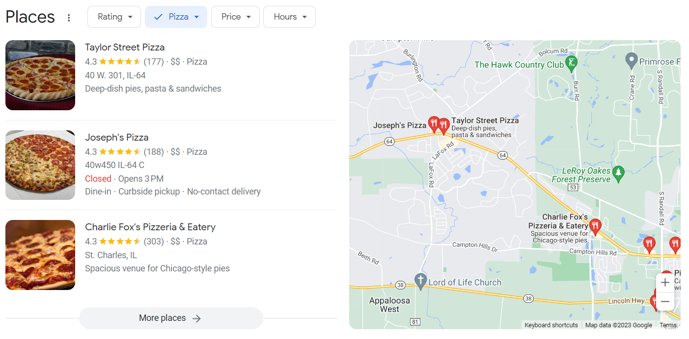 Restaurant search results with food photos and a map showing nearby locations.