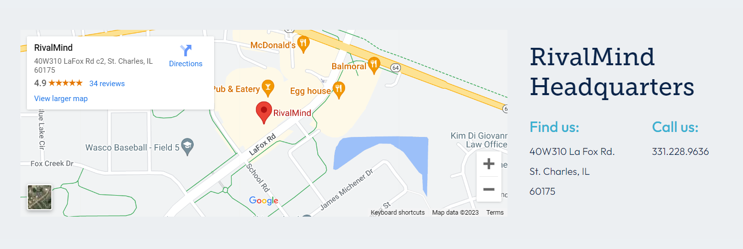 Google Maps listing for RivalMind Headquarters with map, location pins, and contact details.