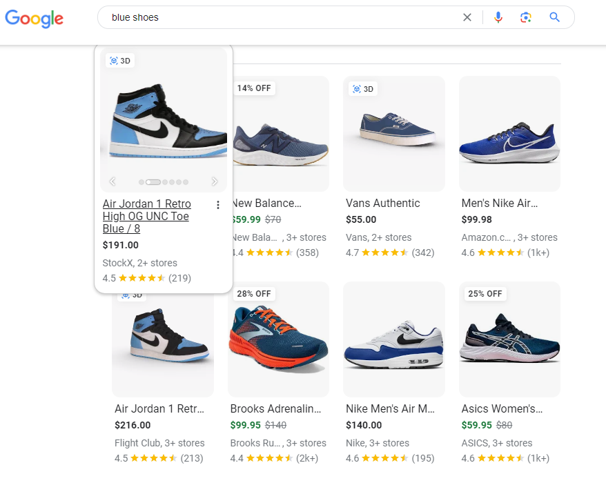 Google Shopping results showing various blue athletic sneakers with prices and ratings.