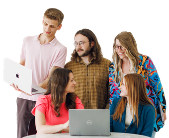 Five people gathered around laptops, collaborating in a bright office setting.