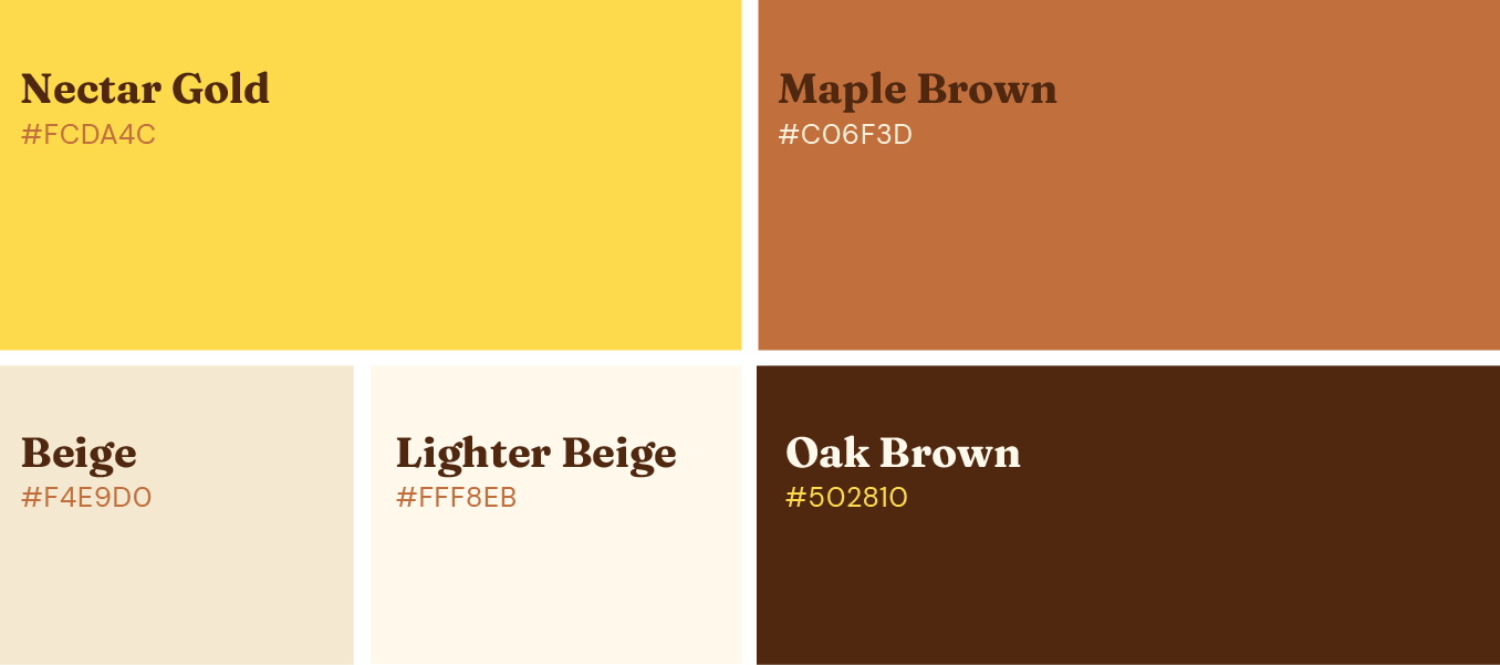 Color palette swatches labeled Nectar Gold, Maple Brown, Beige, Lighter Beige, and Oak Brown