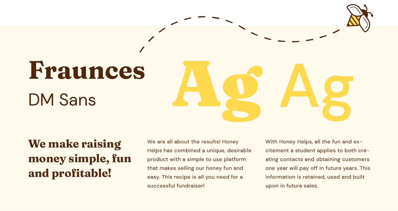 Fraunces DM Sans typography sample with large yellow “Ag Ag” text and small bee illustration on beige background