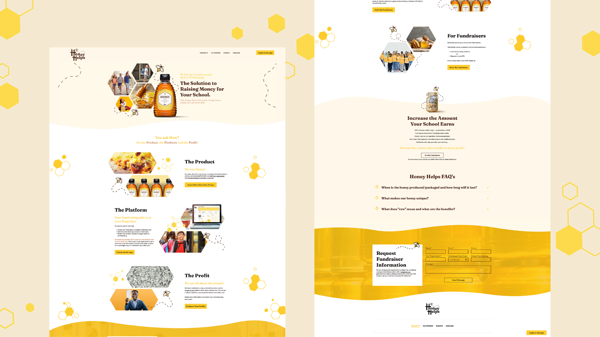 Two-column honey-themed brochure with bees, honey jars, and yellow accents on a white background