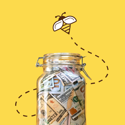 Glass jar filled with cash, with a cartoon bee and dotted flight path on a yellow background