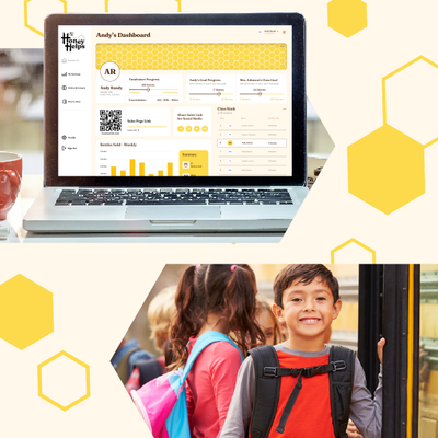 Laptop displaying a dashboard above two children with backpacks boarding a school bus