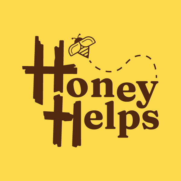 Honey Helps logo on yellow background with stylized bee and brown text
