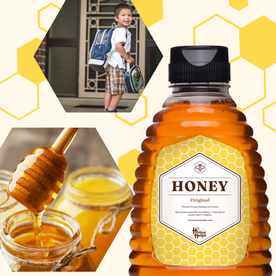 Honey jar with honeycomb pattern, dripping honey dipper, and a child with backpack in a small inset image.