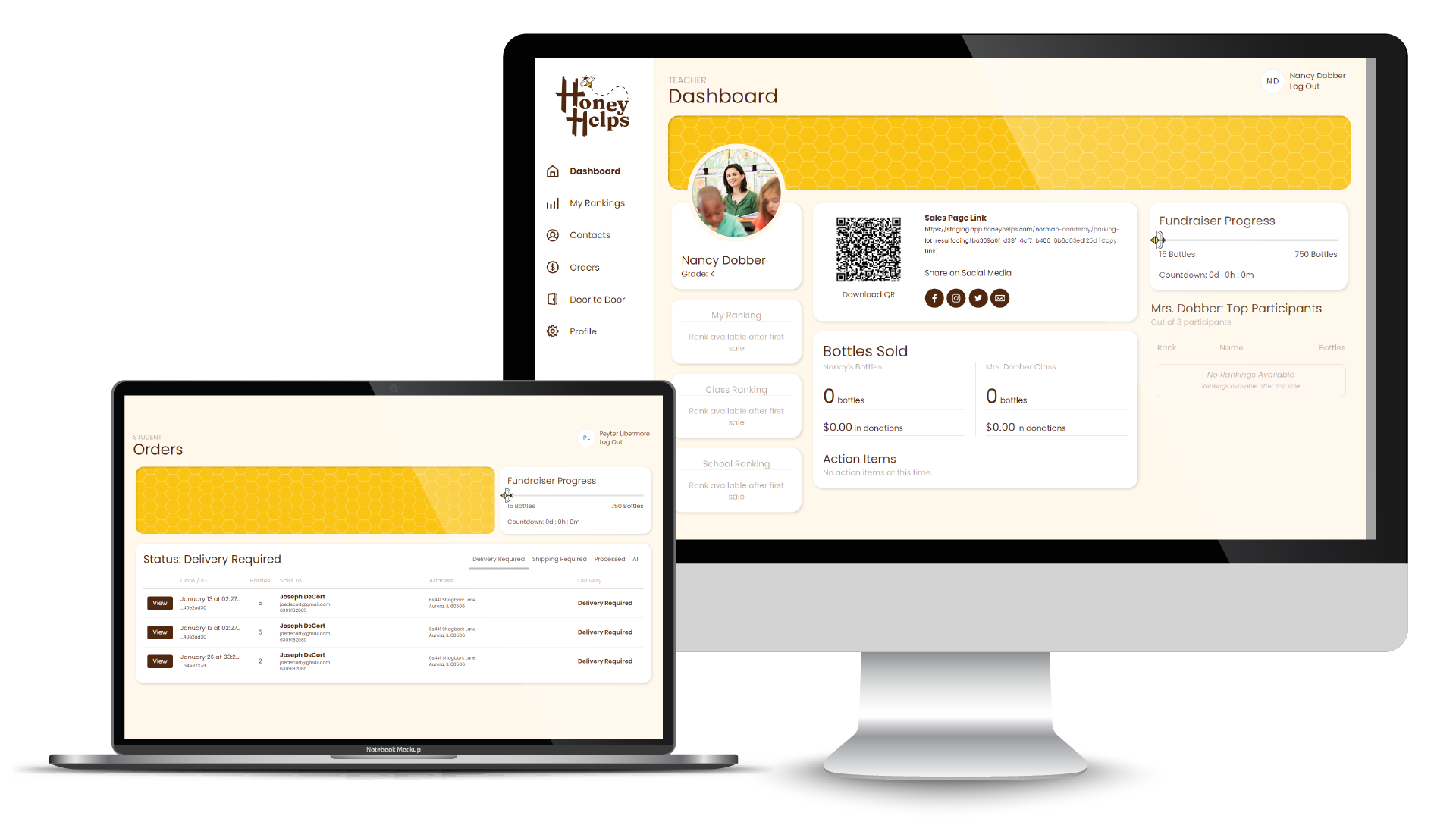 Desktop and laptop displaying a yellow-themed analytics dashboard with charts and tables