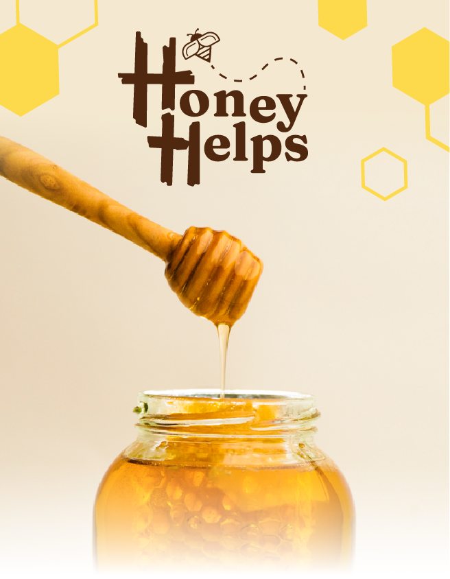 Honey dipper dripping honey into a jar beneath the “Honey Helps” text on a yellow honeycomb background