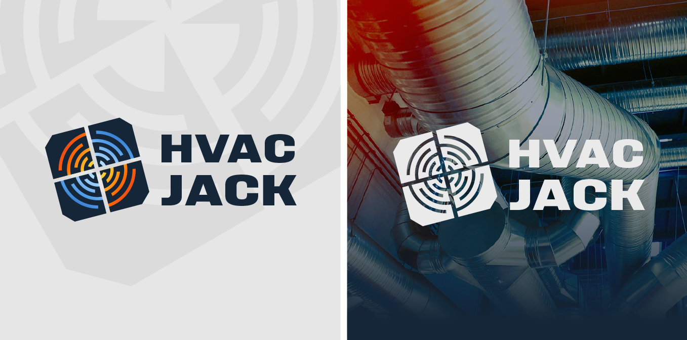 HVAC Jack logo on light and dark backgrounds with a geometric fan icon and bold text
