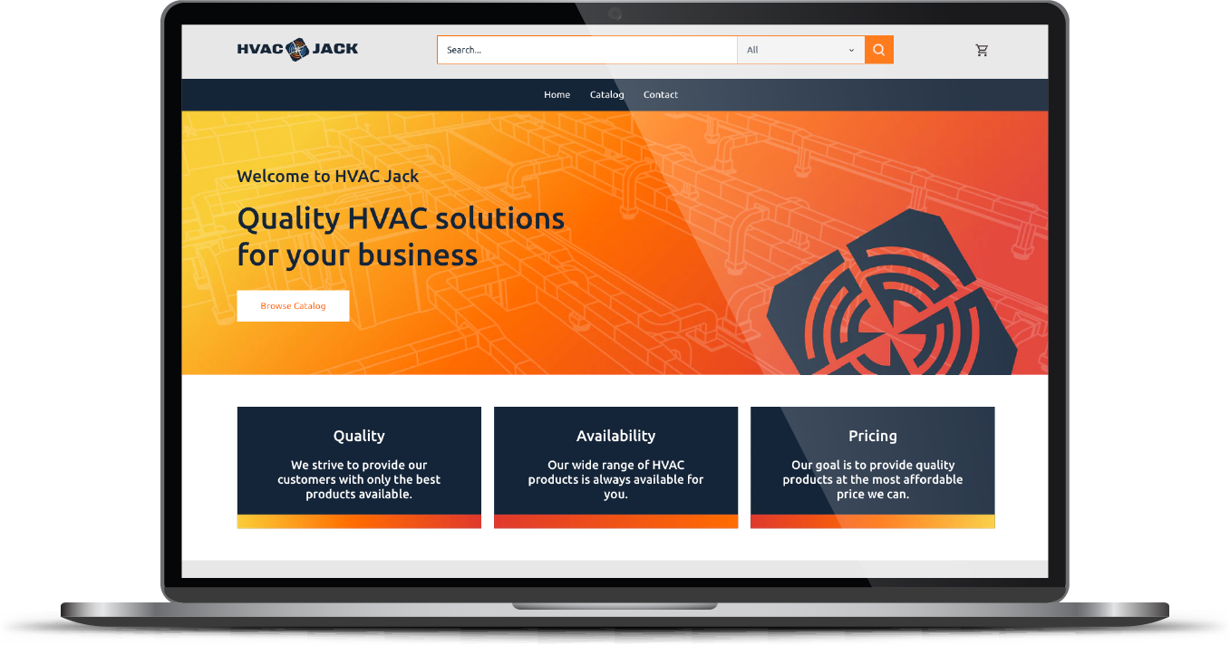 Laptop displaying HVAC business website with orange hero banner and three service cards